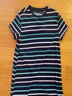 Striped and ribbed girls dress - blue, pink, white and teel
